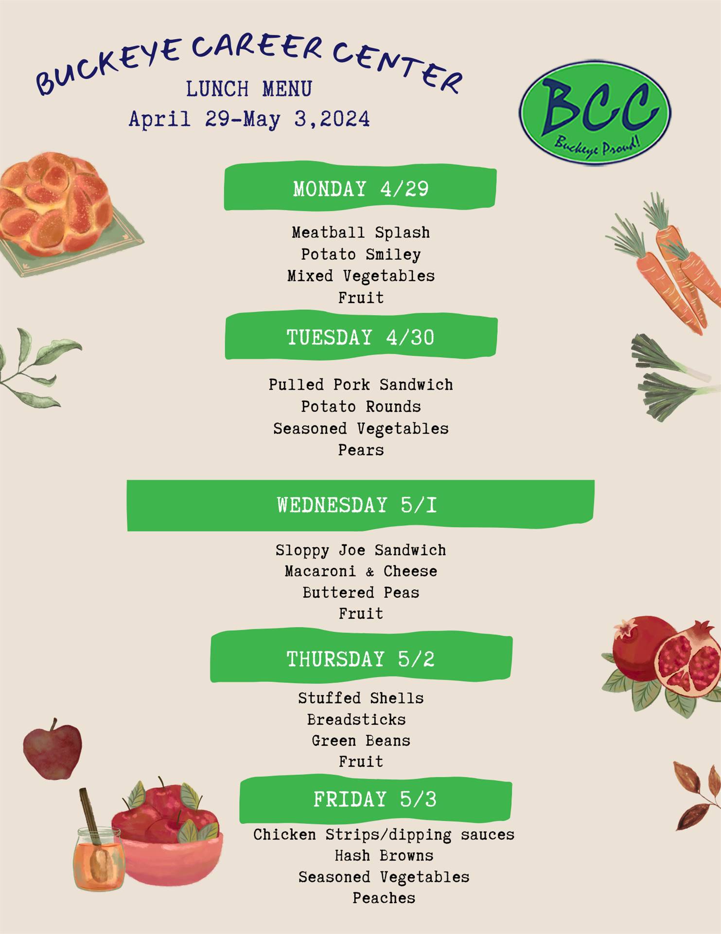 Cafeteria menu week of 4/29